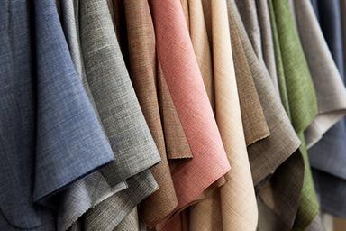 Muestrario de tejidos colgado con diferentes texturas y tonos para trajes y chaquetas
