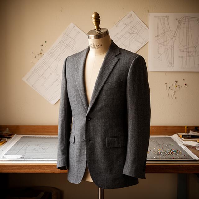 Chaqueta de traje gris Oxford colocada sobre maniquí junto a una mesa con patrones y alfileres