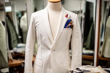 Maniquí con americana en prueba junto a espejos y pinzas de ajuste en el taller