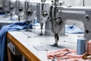 Máquinas de coser profesionales alineadas en una mesa de trabajo con herramientas de sastrería