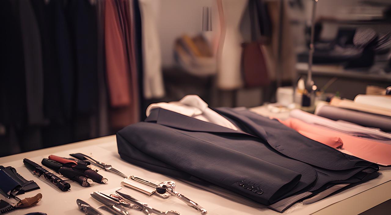 Taller de sastrería con un traje a medida en primer plano, herramientas ordenadas y una luz cálida sobre la mesa de trabajo