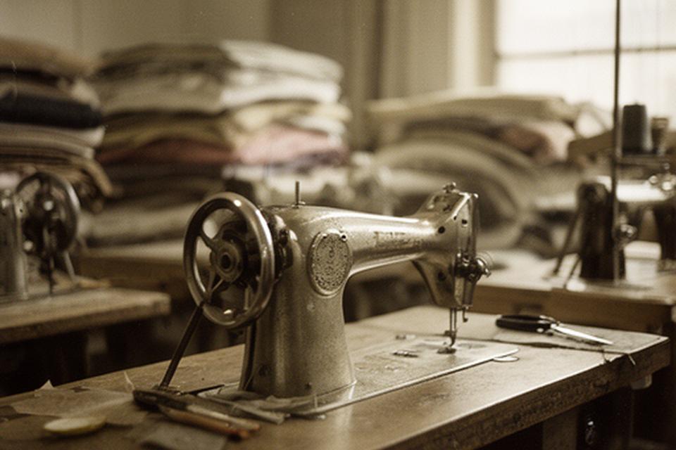Fotografía antigua de un pequeño taller de sastrería con máquinas de coser metálicas y rollos de tela apilados