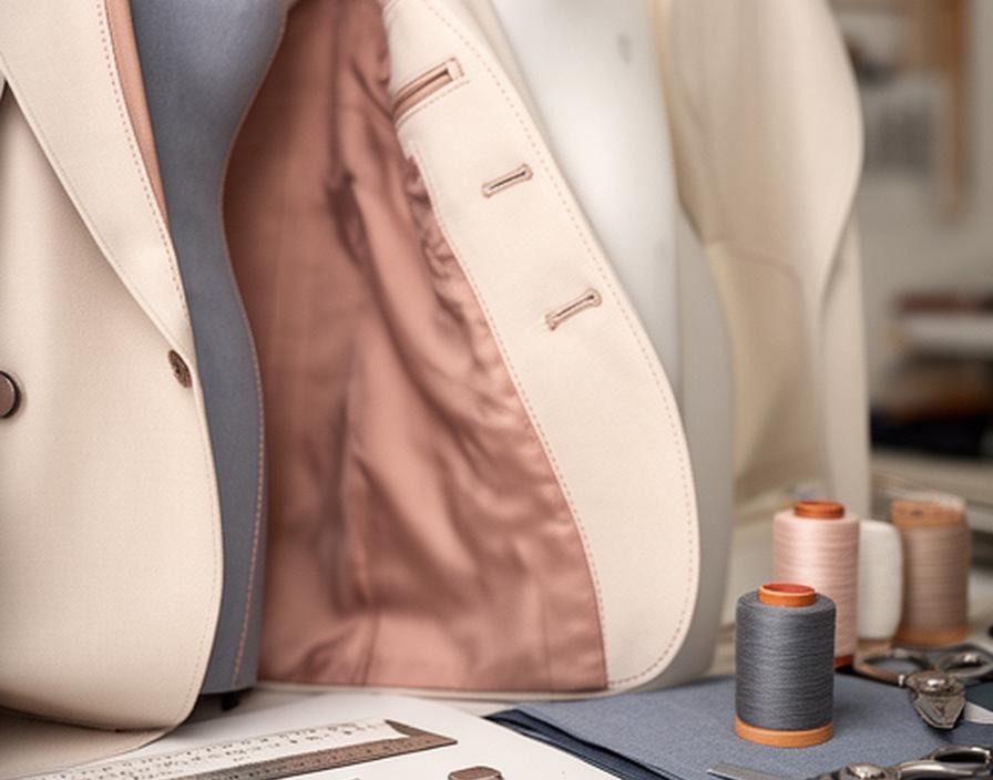 Detalle de una americana en maniquí con forro visible y mesa de trabajo con reglas y carretes de hilo