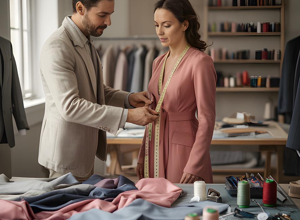 Sastre tomando medidas a un cliente en un taller elegante con mesas de tejido y luz natural