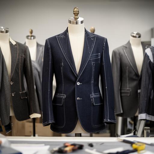 Maniquíes con chaquetas de prueba y prendas en proceso dentro del taller