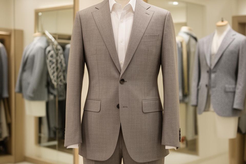 Traje completo slim fit en un maniquí dentro de un taller de sastrería con espejos y patrones en la pared