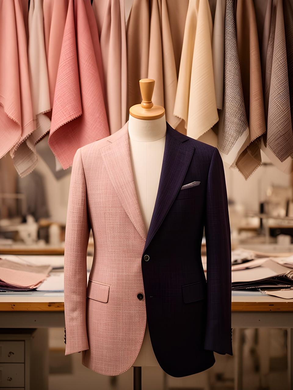 Muestrario de telas con una chaqueta expuesta en maniquí dentro de un taller de sastrería iluminado con luz cálida