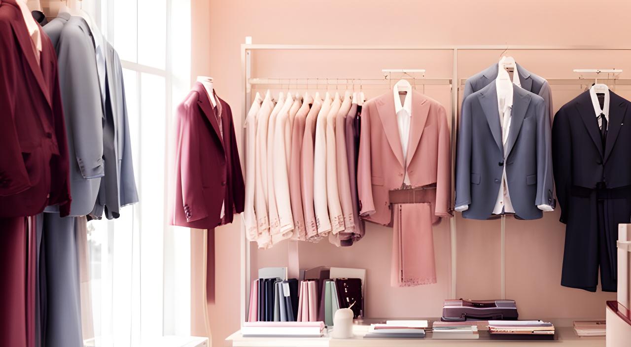 Escaparate elegante de sastrería con trajes y chaquetas ordenados en un interior luminoso