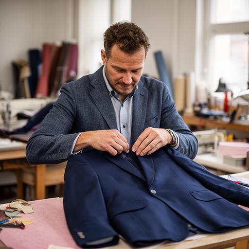Manuel García trabajando en una chaqueta azul marino sobre la mesa del taller con luz natural